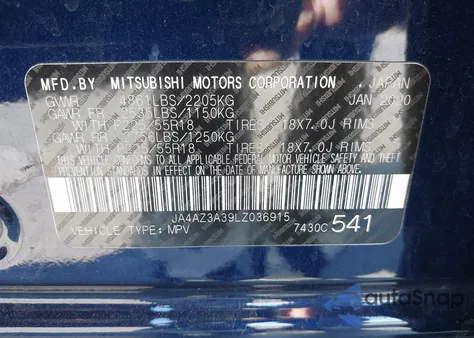 2020 Mitsubishi Outlander Es 2.4 S-Awc/Le 2.4 S-Awc/Se 2.4 S-Awc/Sel 2.4 S-Awc/Sp 2.4 S-Awc from USA, damaged, VIN JA4AZ3A39LZ036915